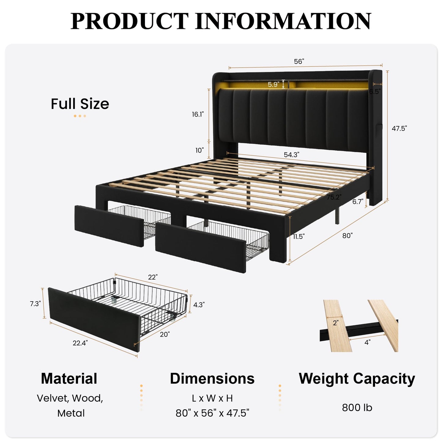 SHA CERLIN Velvet Full Size Bed Frame with Vertical Channel Tufted Wingback Headboard & 2 Storage Drawers/2-Tier Shelves with LED Lights & Charging Station/Noise-Free/No Box Spring Needed/Black