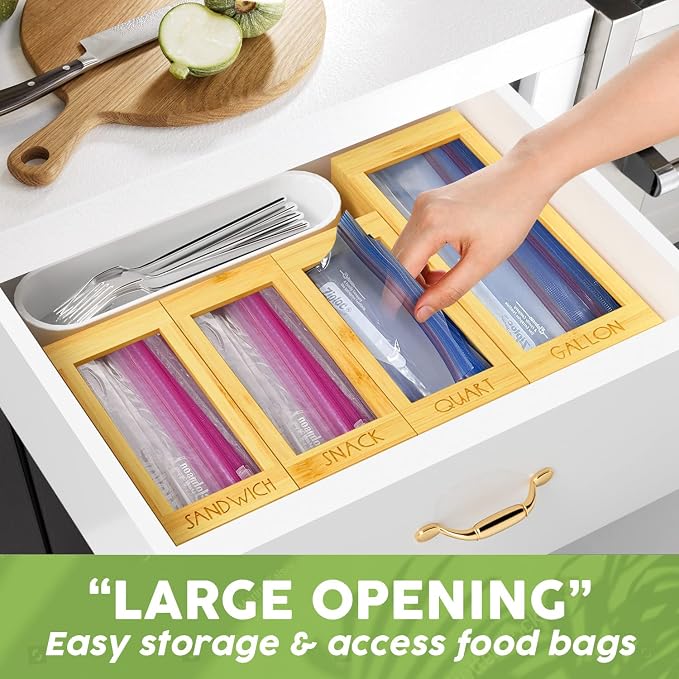 DALSHABET Bamboo Storage Bag Organizer, 4 Separate Food Storage Bags, 12x14 Baggie Organizer Dispenser for All Brands Gallon, Snack, Sandwich & Quart Slider Bags Beige