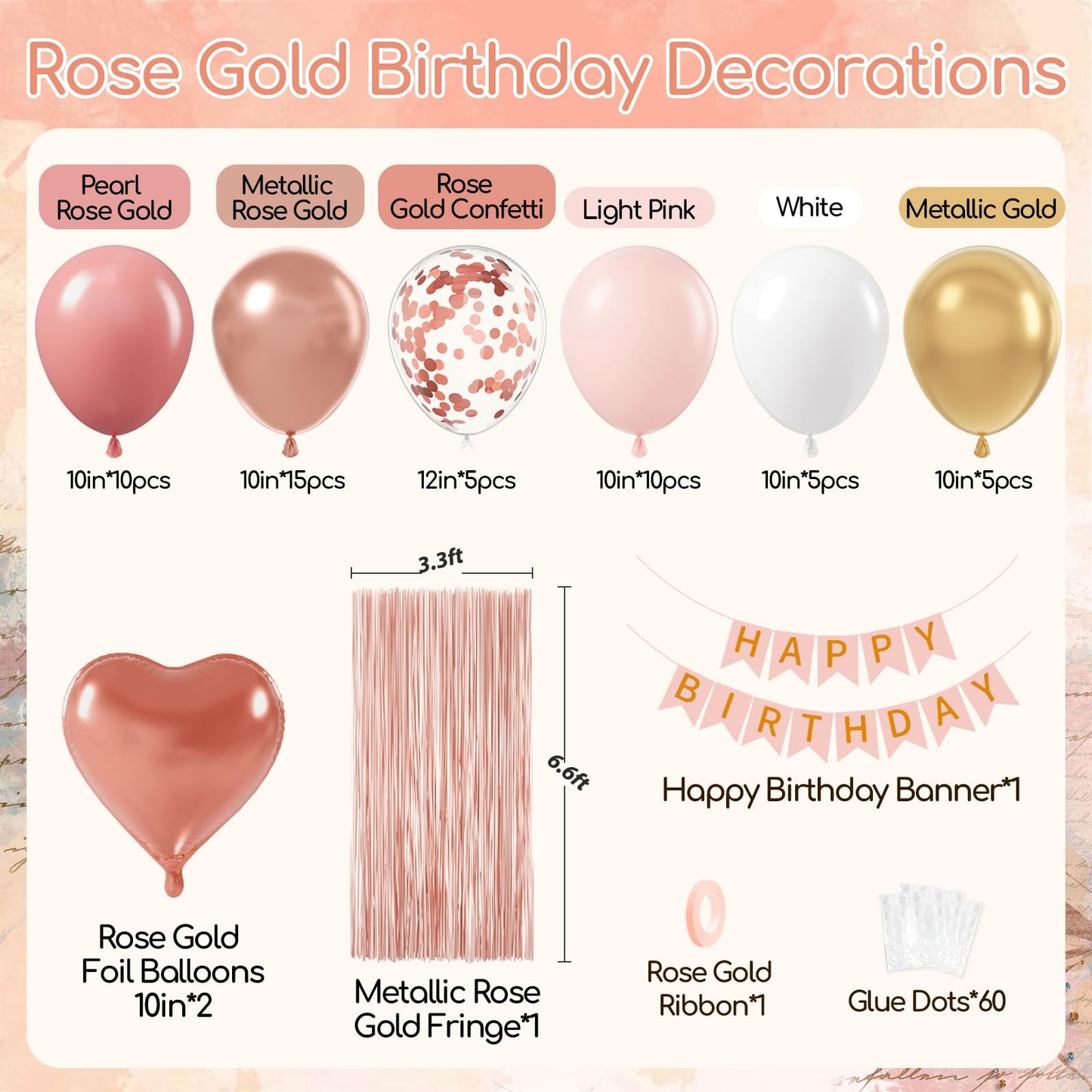 Rose Gold Birthday Decorations with Metallic Pearl Rose Gold Confetti Light Pink White Foil Balloons Fringe Curtain Banner Happy Birthday Decorations for Women
