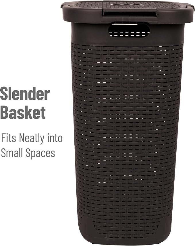 Mind Reader Slim Laundry Hamper with Lid, 60L Tall Clothes Basket, Narrow Tapered Design for Bathrooms, Closets and Laundry Rooms, Plastic, Brown