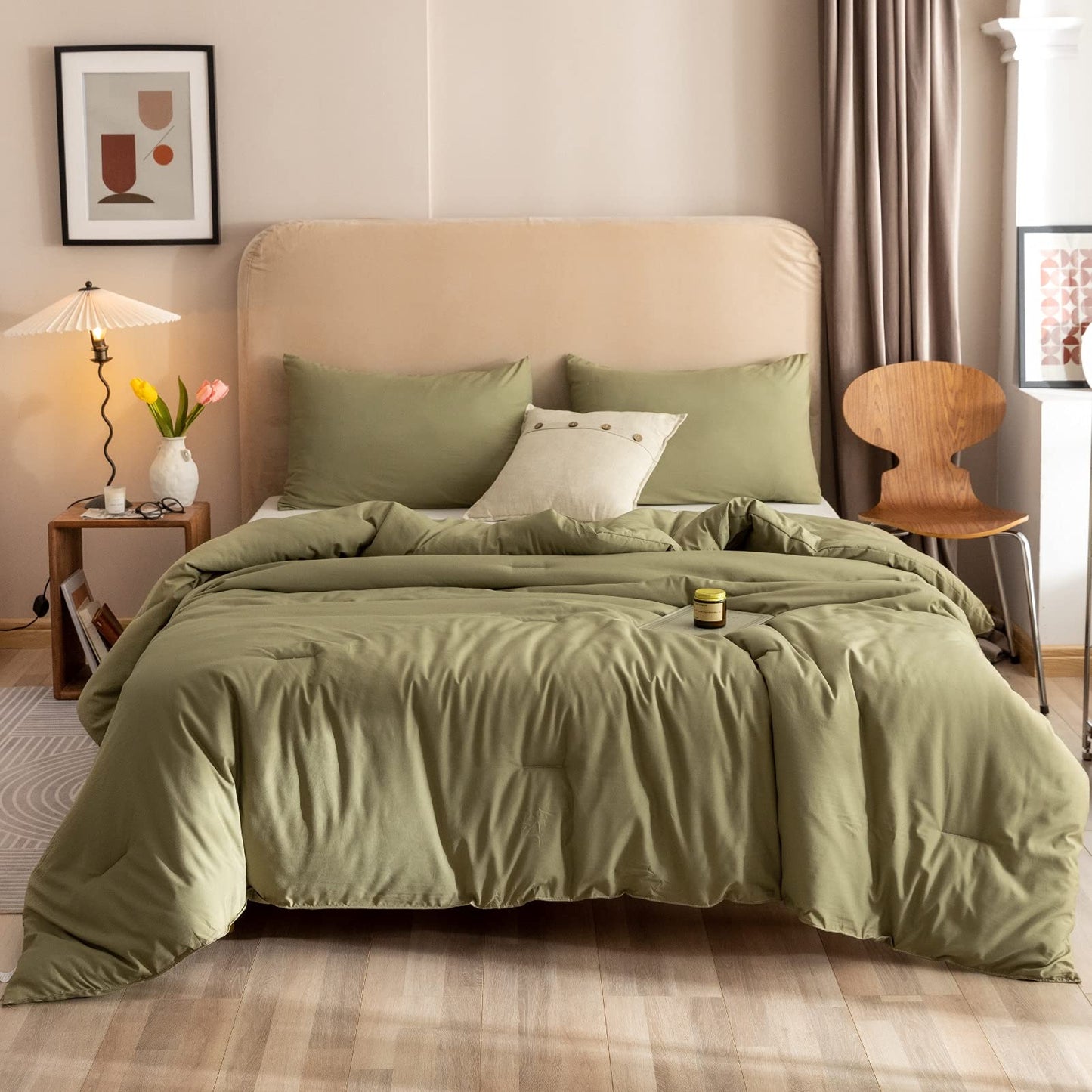 ROSGONIA King Size Comforter Set Olive Green, 3pcs (1 Boho Comforter & 2 Pillowcases), Lightweight Bedding Blanket All Season Bedspreads Quilt