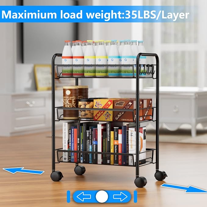 3-Tier Mesh Rolling Cart - 24.8" H Fits Under Desk Metal Cart with Wheel | Hold 35bls/Tier Small Space Storage Organizer Crafts Utility Cart for Office Pantry Bathroom Kitchen Laundry, Black