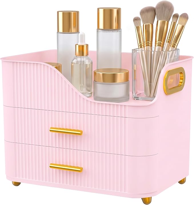 Booklov Countertop Makeup Organizer with Drawers, 3 Tier Large Cosmetic Storage Caddy for Vanity, Bathroom Counter, Dresser, Skincare Display Case for Lipsticks, Beauty Palettes, Teen Girl Gifts, Pink