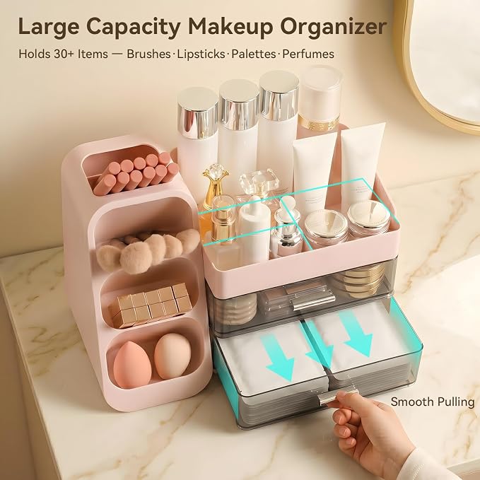 Brothersbox Makeup Organizer with Brush Holder for Vanity, Large Countertop Skincare Storage with 2 Drawers, Holds Lipsticks, Nail Polishes, Perfumes, Brushes - Gift for Women, Pink