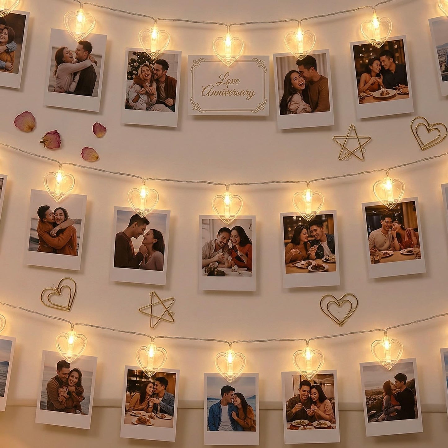 20 Photo String with Clips for Hanging Pictures,9.85Ft Valentine's Day Clear Photo Clip Lights for Wall Bedroom Wedding Birthday Party Home Decorations (Heart-USB)