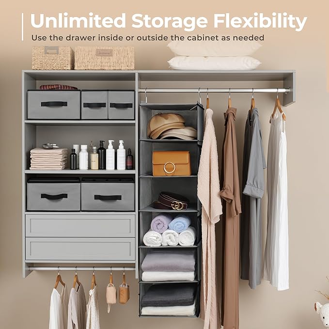 GRANNY SAYS Hanging Closet Organizer 6 Shelves, Closet Organizers and Storage with 5 Drawers, 6 Side Pockets Closet Hanging Organizer, Hanging Storage Organizer for Closet, Baby Clothes, Gray