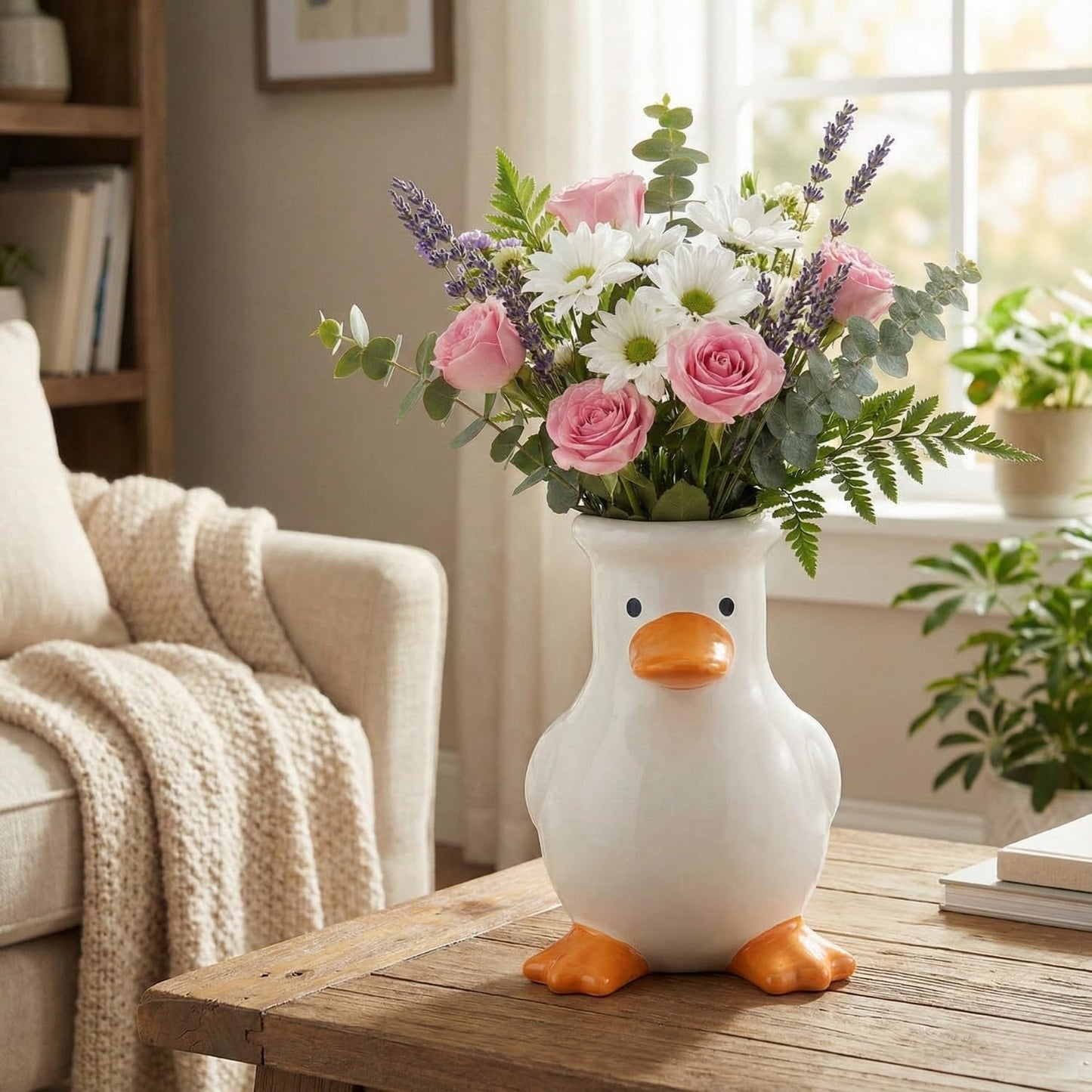 COEAZY Ceramic Duck Vase – 6" Matte Beige Handmade Animal Flower Vase for Fresh & Dried Flowers, Cute Home Decor, Unique Shelf Decoration, Fun Gift for Animal Lovers & Creative Living Spaces