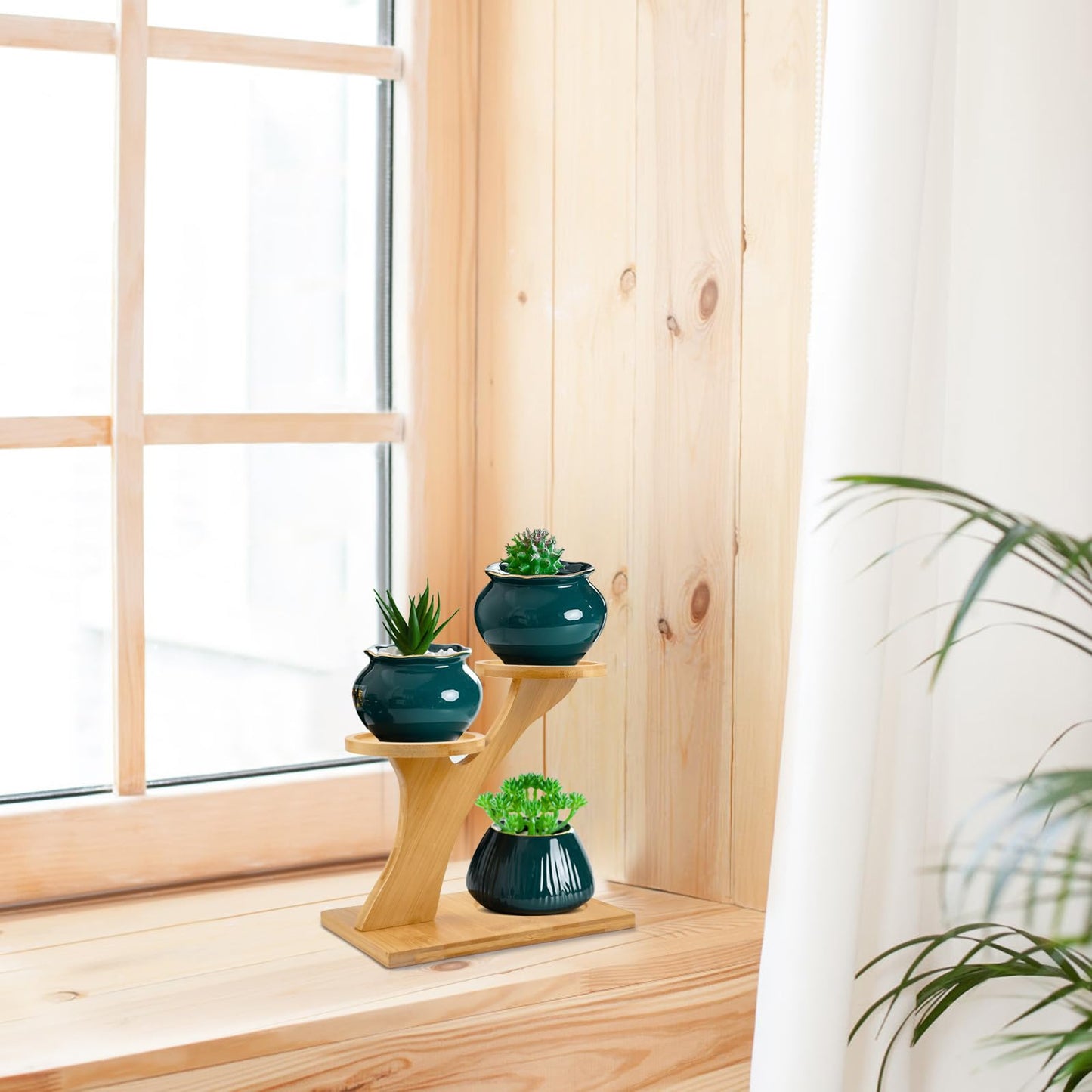 XXXFLOWER Bamboo Plant Stand ,3 Tiers Indoor Succulent Windowsill Shelf - Small Tabletop Plant Holder for Home, Office, Living Room, Bedroom Decoration 1pc