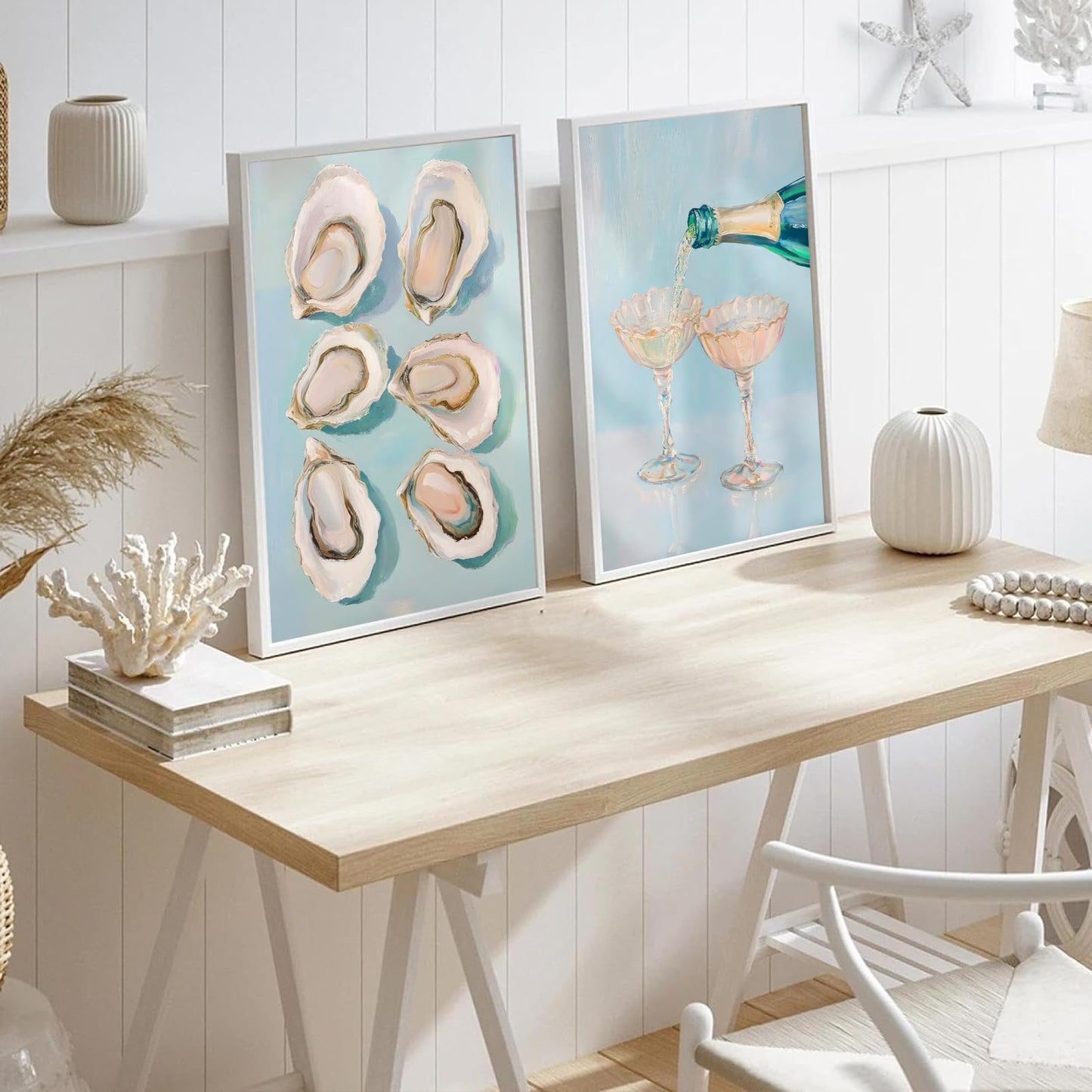 2Pcs Oyster Shell Wall Art Funky Bar Cart Cocktail Wall Decor Pictures Pastel Blue Wine Champagne Posters Print Girly Coastal Aesthetic Beach House Apartments Decoration Unframed 16x24in