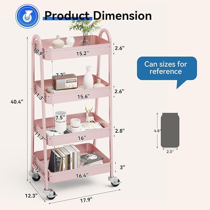 OLIXIS Metal 4 Tiers Utility Rolling Cart, Mobile Storage Shelf with Lockable Caster Wheels, Organization for Livingroom, Bathroom & Narrow Places, 4-Tier Pink