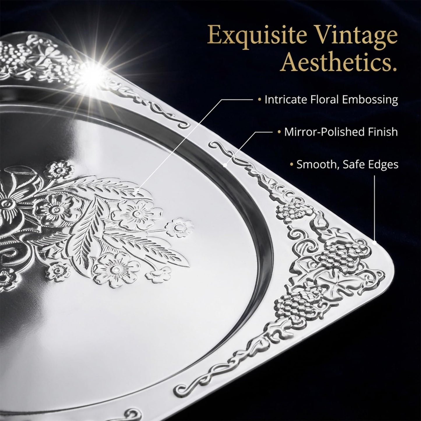 4 Pcs Silver Serving Trays Set 13.8" x 8.5" Small Stainless Steel Serving Tray Oval Floral Engraved Tray Heavy Duty Metal Serv ing Trays for Coffee Table, Bar, Party, Club, Home