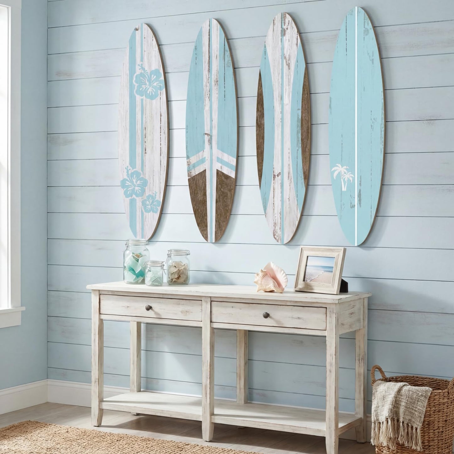 Threan 4 Pcs Large Surfboard Wall Decors Girls Boys Wooden Beach Room Decor 23.6" x 5.4" Preppy Surf Board Hanging Signs Aesthetic Tropical Wall Art for Bedroom Living Room Bathroom Decors(Blue)