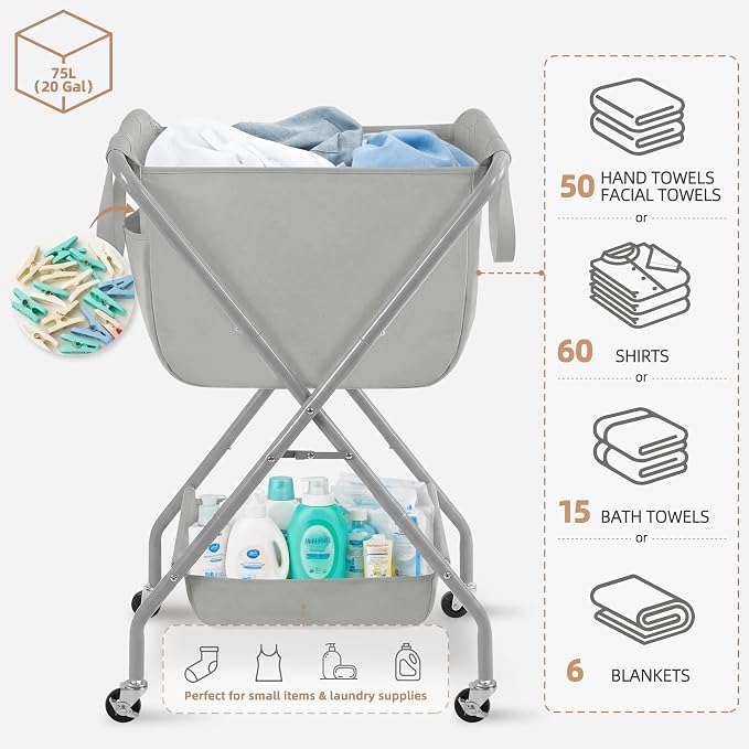 STORAGE MANIAC Collapsible Laundry Cart with Wheels 35.6"H Removable Canvas Bag Rolling Laundry Hamper Clothes Basket with Wheels, Sturdy Steel Frame Folding for Small Narrow Space Easy Storage, Grey