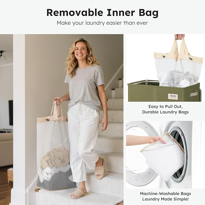 SOLEDI Double Laundry Hamper with Lid, 47.8 Gal (180L) Large Laundr Basket 2 Section with 2 Side Pockets, Dirty Clothes Hamper with Removable Bag, Easy to Carry for Laundry Room, Bedroom, Avocado