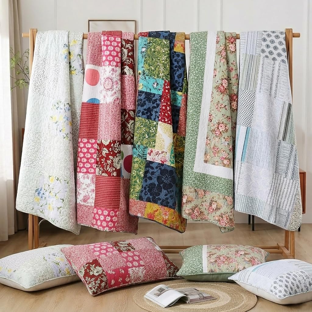 BOV Farmhouse Quilt Queen – 100% Cotton Patchwork Reversible Quilt Bedding Set, Pink Floral Cotton Quilt with Abstract Geometric Design, Bohemian Quilt Set with 2 Pillow Shams, Farmhouse Bedspreads