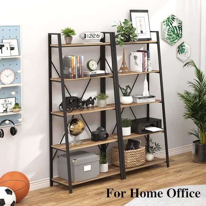 BON AUGURE Industrial 5 Tier Ladder Bookshelf, Wood and Metal Ladder Shelf Bookcase, Farmhouse Leaning Shelves for Living Room (Vintage Oak)