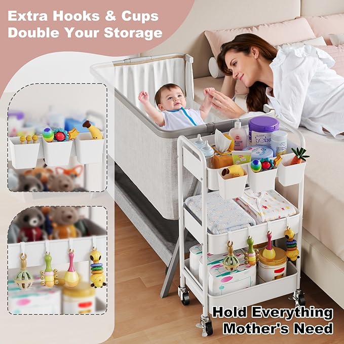 3 Tier Rolling Cart Metal with Wheels, White Three Tiered Craft Cart Organizer on Wheels, Storage Utility Carts for Art, Baby Nursery,Diaper Caddy, Cleaning Supplies, Nail,Lash,Snack,Book,Roller Shelf