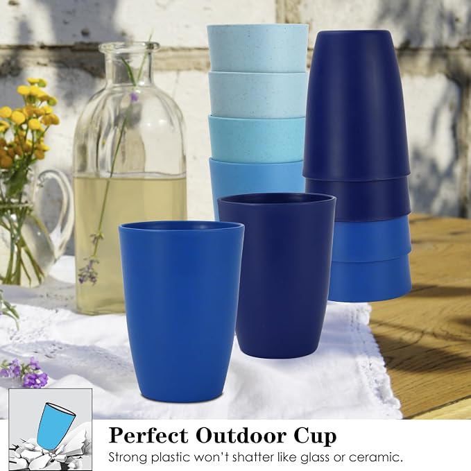 Wrova Wheat Straw Cups 8 PCS Good Alternative to Plastic Reusable Cups 12 oz Unbreakable Drinking Cup Reusable Dishwasher Safe Water Plastic Glasses - Ocean Series