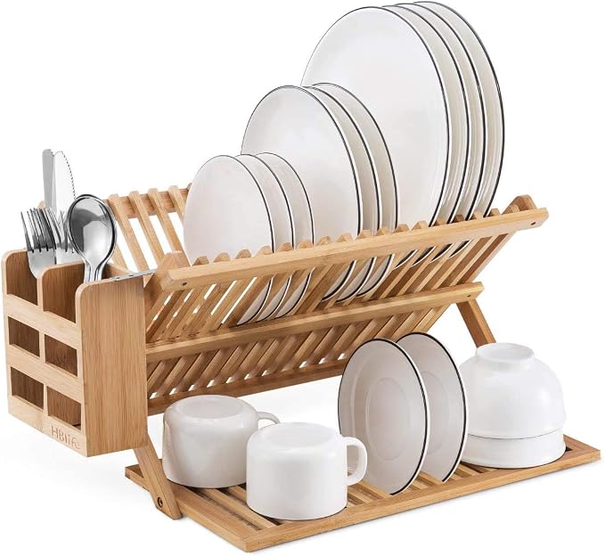 HBlife Wooden Drying Rack Stand Drainer Storage Holder Organizer Kitchen Cabinet（Keep Dry）