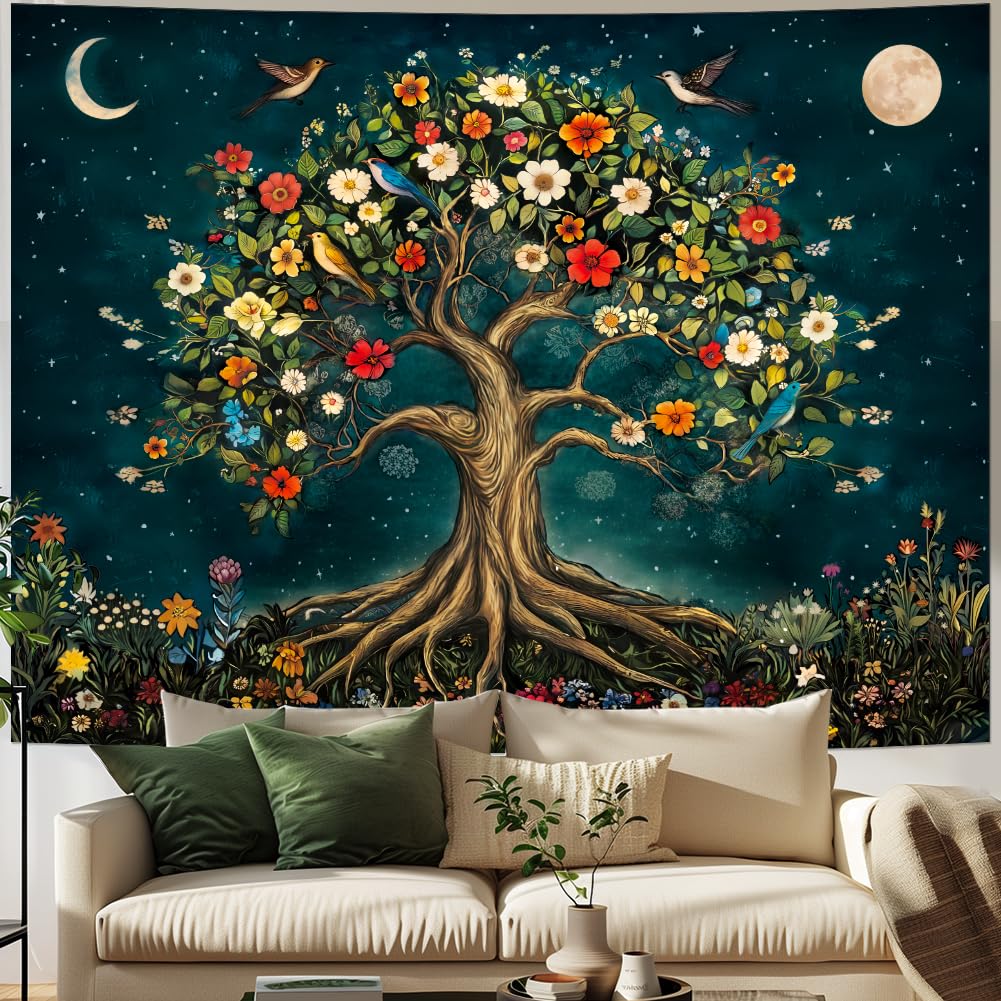 Amtoodopin Tree of Life Tapestry Mystic Boho Flowers Tapestry Vintage Aesthetic Tree Wall Tapestries Retro Nature Floral Plants Tapestries Wall Hanging for Bedroom