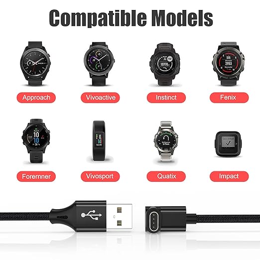 AGVEE 2 Pack 3.3ft Charger for Garmin Watch, L-Shape Charging Cable for Fenix, Forerunner, Vivoactive, Instinct, Venu, Tactix, Approach, D2, Quatix Series, Right Angle Braided, Black