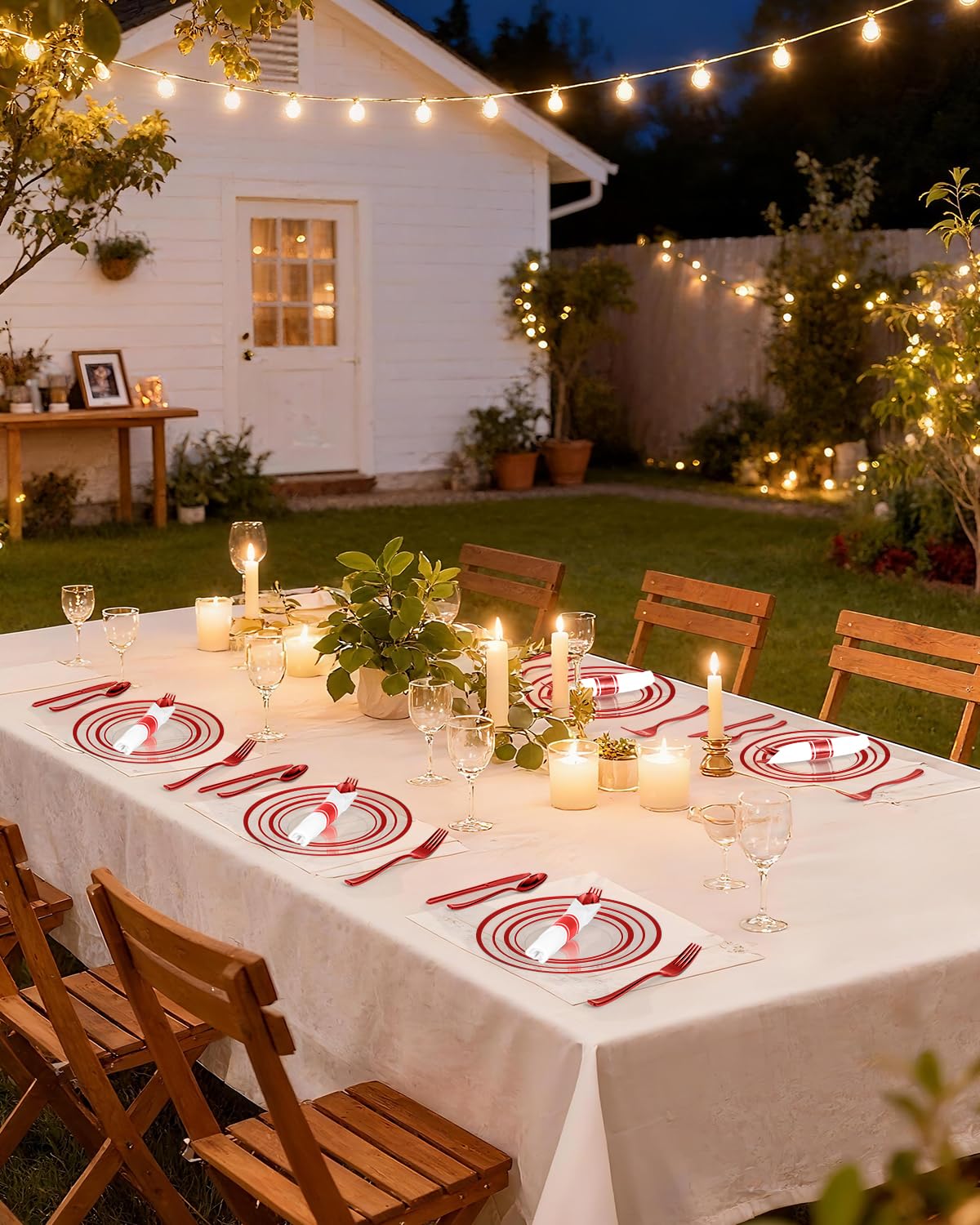 Goodluck 175 Pcs Red Plastic Plates, Clear Plastic Silverware Disposable Plates Set, Include 50 Plates, 25 Pack Pre Rolled Napkins with Silverware, 25 Cups for Party, Christmas, Graduation, Wedding