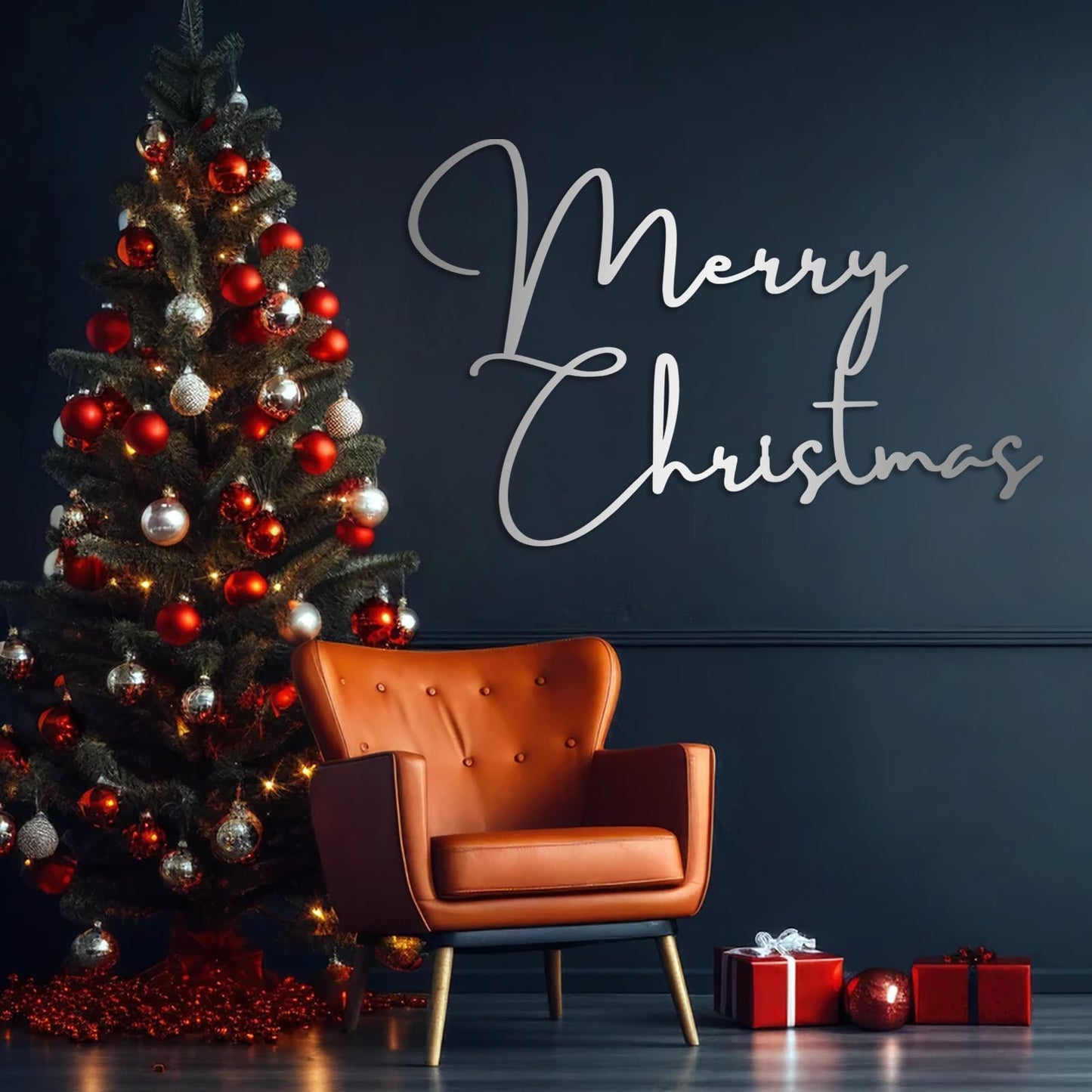 SZI Merry Christmas Metal Wall Art, Minimalist Christmas Wall Decor, Metal Christmas Sign for Living Room, Holiday Home Decor (Silver, 24"x15"|60x38cm)