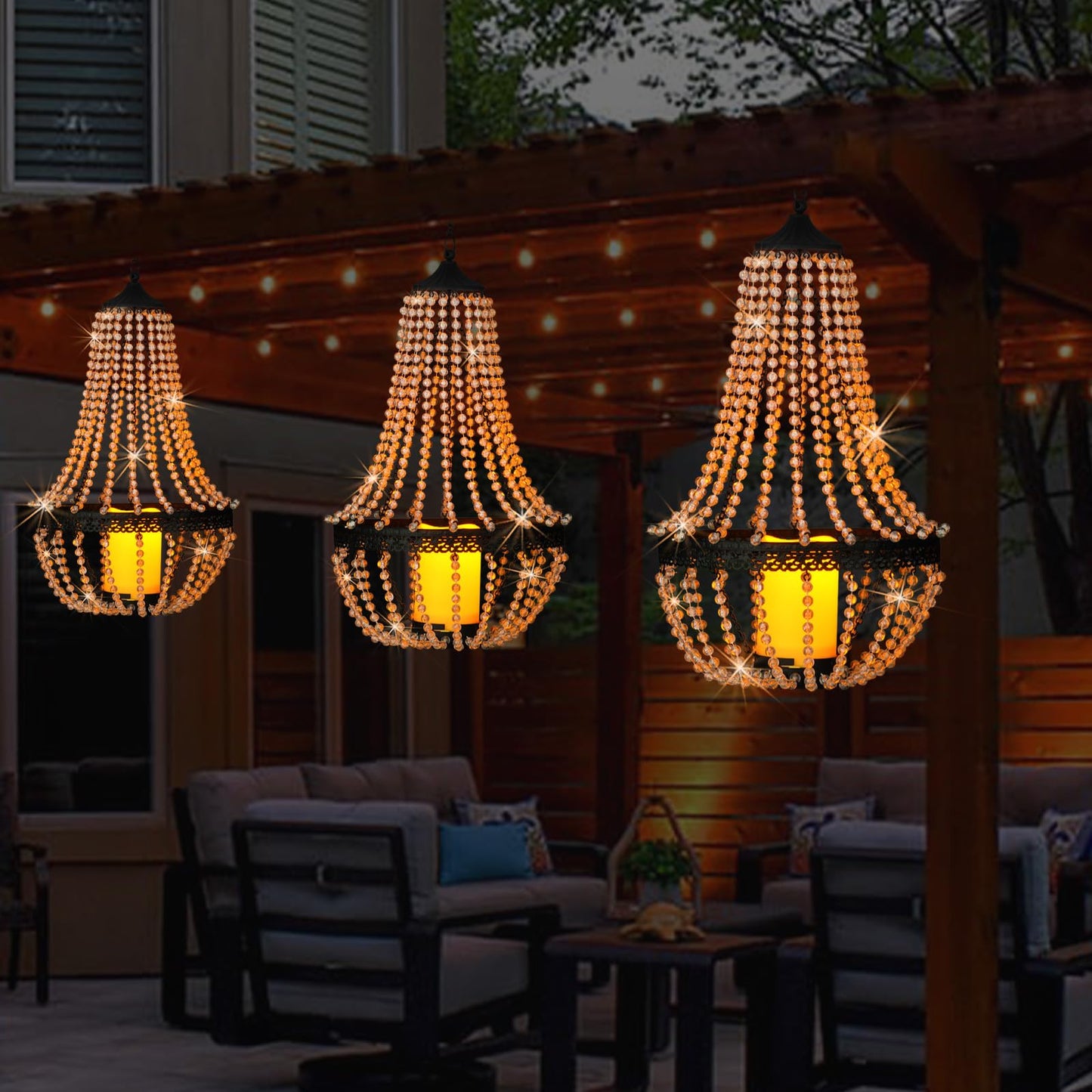 Hanging Candle Lantern Outdoor, 27” Battery Operated Modern Clear Acrylic Crystal Chandeliers with Flickering Yellow Led Candle Light S Hooks for Garden, Backyard, Gazebo, Room Indoor Indoor Decor
