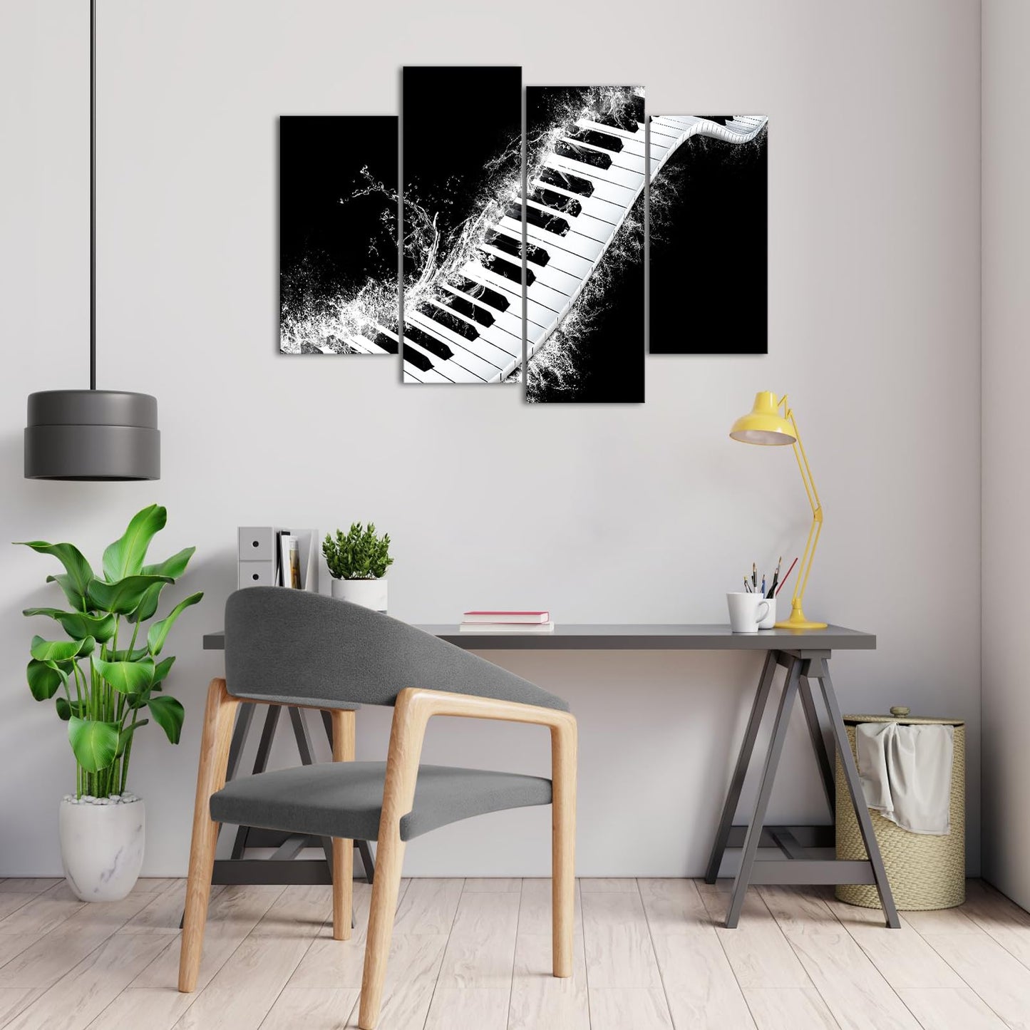 Canvbay 4 Panels Music Canvas Wall Art Black and White Piano Keyboard with Water Splash Pictures Prints Musical Instrument Artwork Framed for Studio Office Living Room Decor