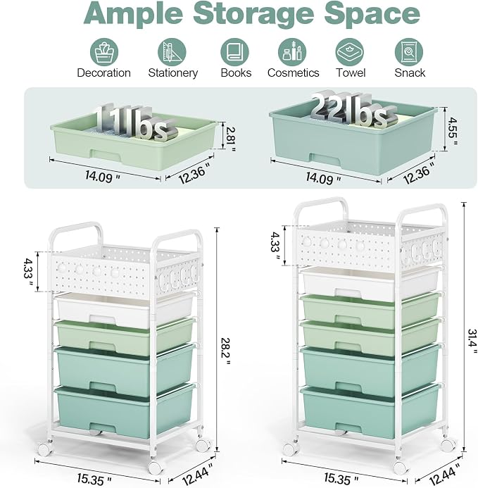 5 Drawer Rolling Storage Cart with Pegboard Top and Hooks, Mobile Organizer Cart with Wheels for Office Supplies, Craft Storage, Classroom Organization, Home Utility Cart, Gradient Green