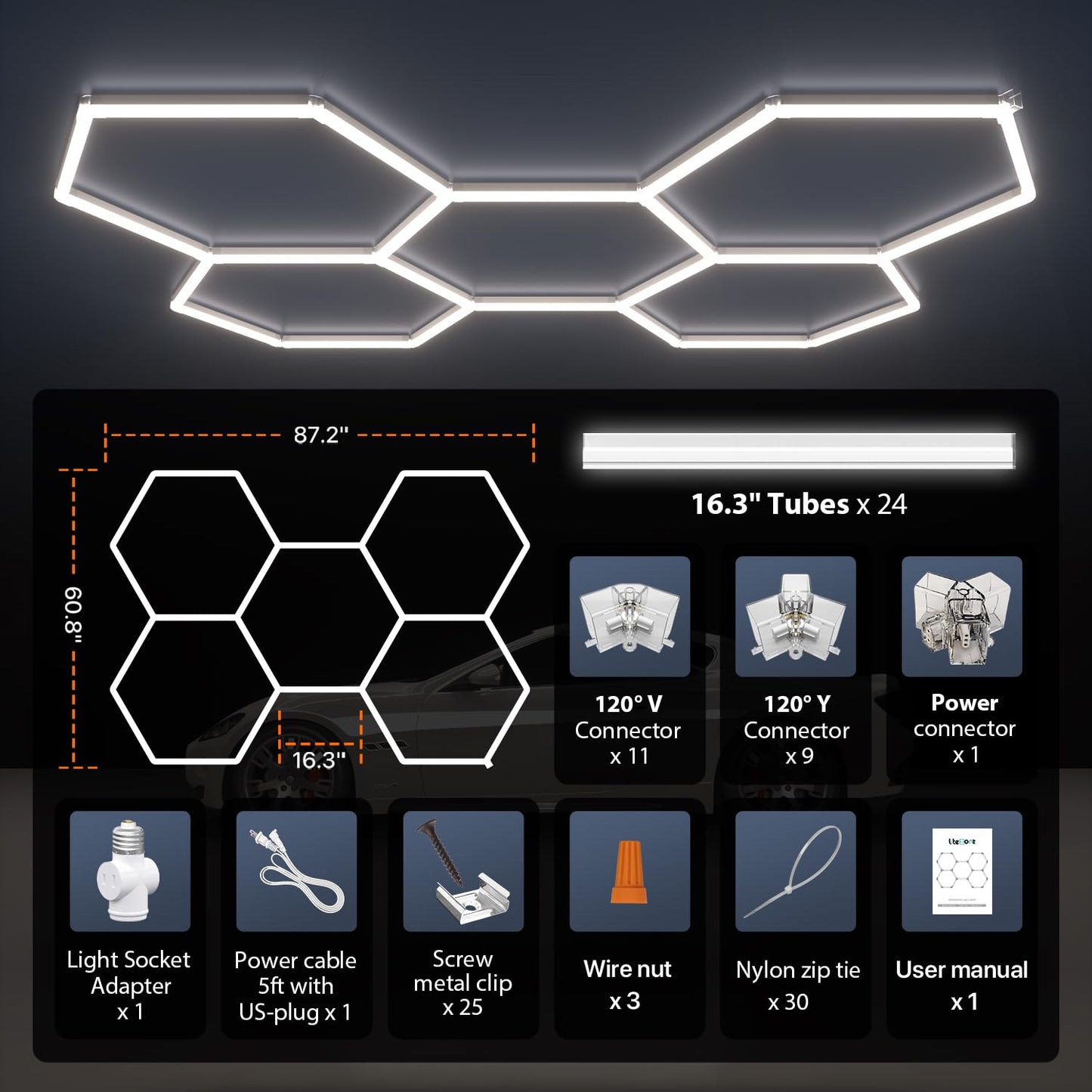 Litezone Hexagon Garage Lights, 5-HEX 240W 5000K Daylight Garage LED Lights, Modular Honeycomb Shop Light for Detailing, Workshop, Home Gym, Warehouse, DIY Workspace