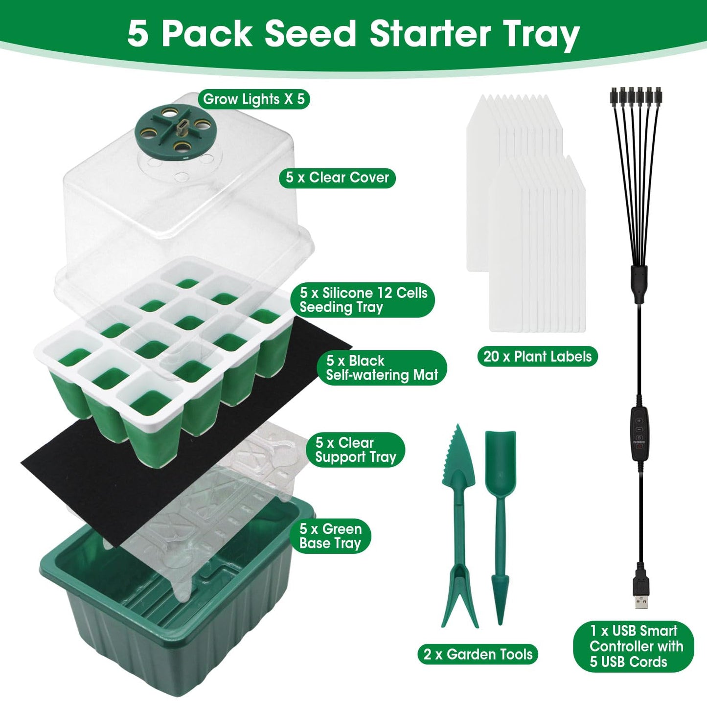 5PCS 60 Cell Self Watering Seed Starter Tray with Grow Light, Reusable Silicone Seed Starter Kit with Humidity Dome, 60 Cells Plant Germination Trays for Seeding Planting Growing（5-Pack 60-Cell）