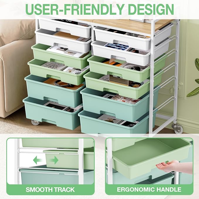 Rolling Storage Cart with 12 Drawers, Wooden Tabletop Utility Cart for Craft Storage, Art Supply Storage & Home Office Organization, Teacher Cart with Wheels for Classroom Organization, School (Green)