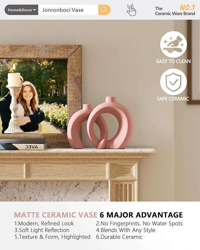 Set of 2 Pink Ceramic Vases for Home Decor Accents - Unique Hollow Donut Artistic Design Coquette Feminine Style Decorative Vases for Shelf, Mantel, Entryway Table Decor (Matte Pink)