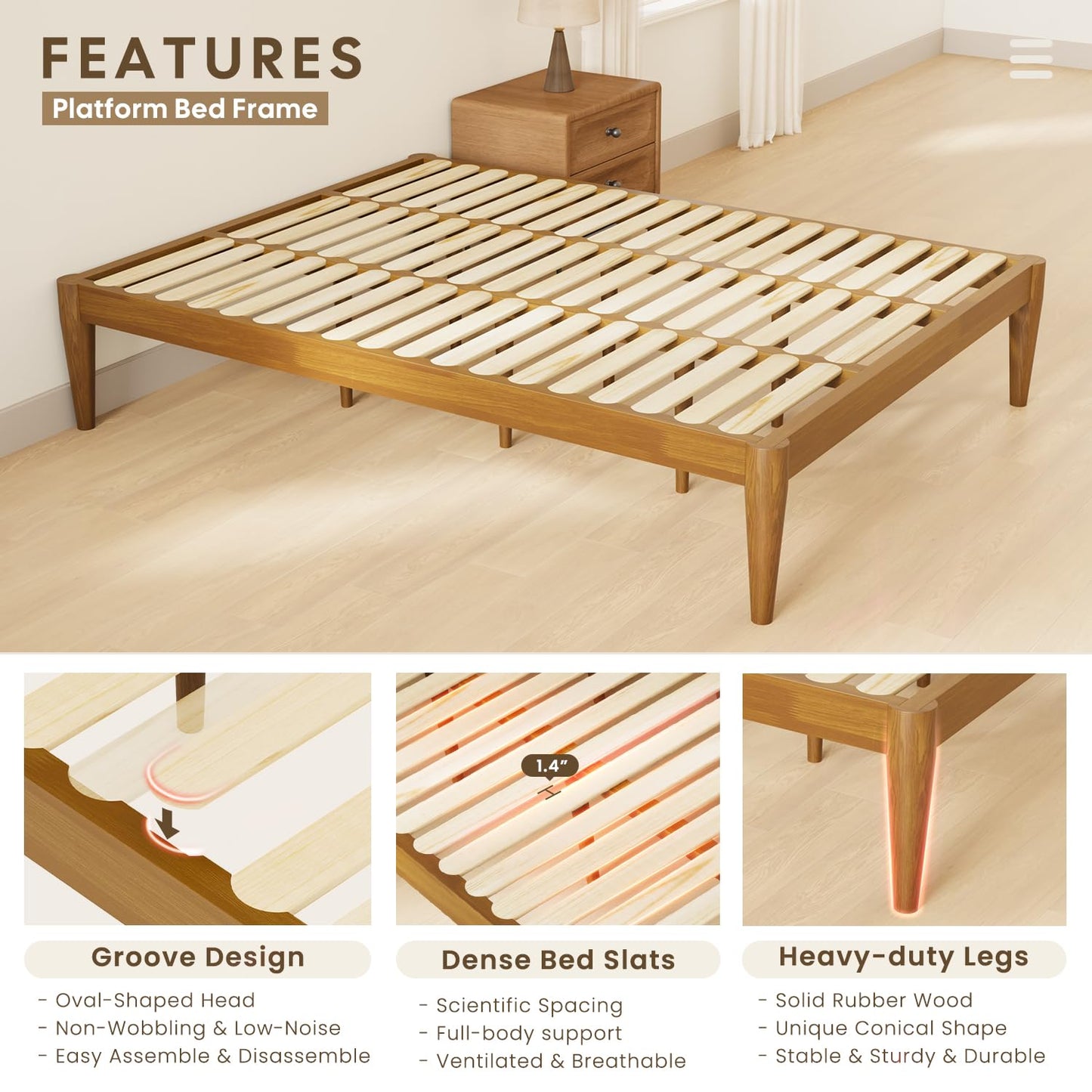 IOTXY King Platform Bed Frame - Solid Wood 16-Inch Height Mattress Foundation Base with Densely Slats and Heavy-Duty Support Legs, No Box Spring Needed, Teak