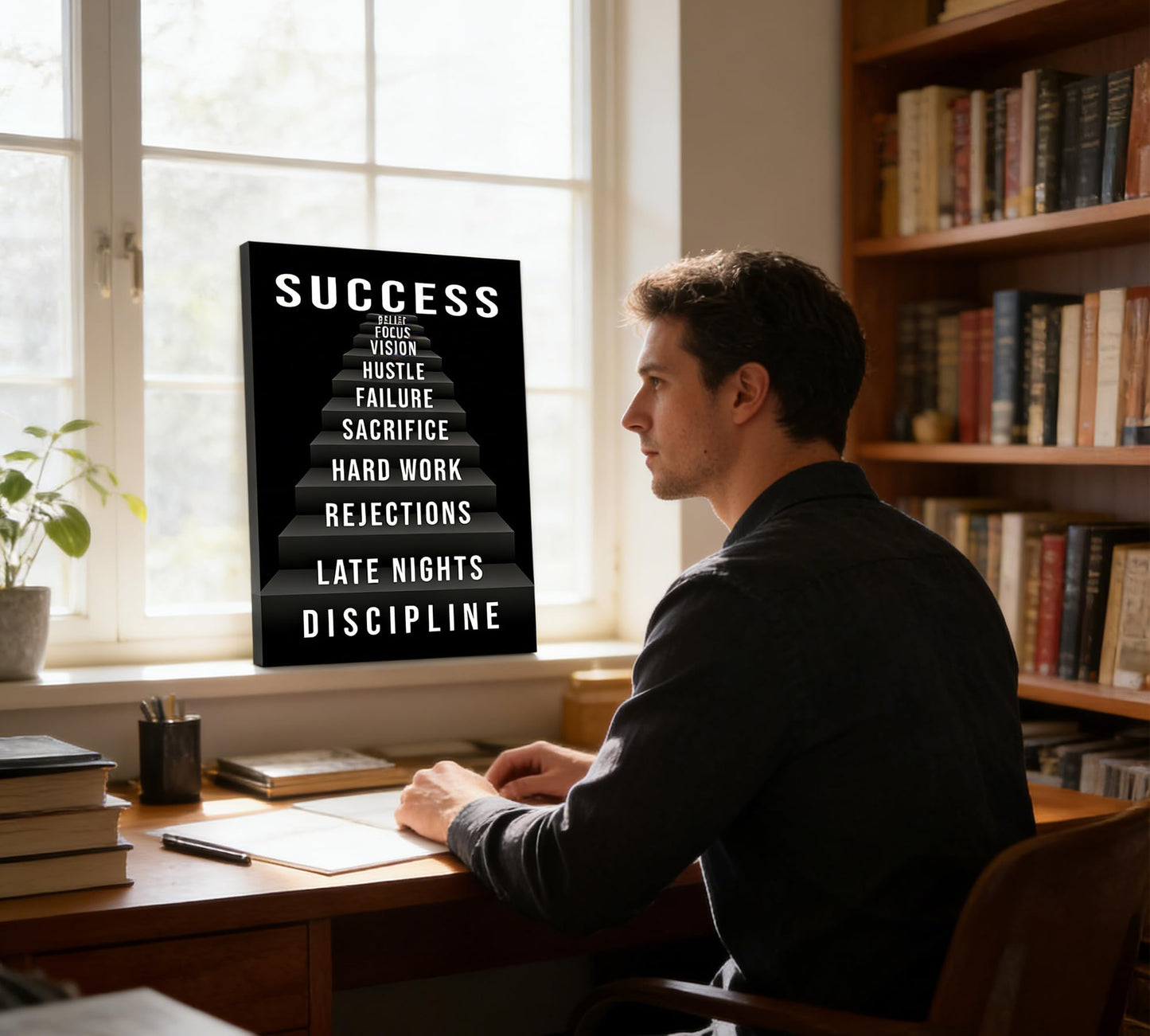 Inspirational Canvas Wall Art,Success Stairs Painting Picture Wall Decor,Black Motivational Poster Print Artwork,Positive Work Quotes for Men Bedroom Living Room Office Home Decoration,12x16 Inch