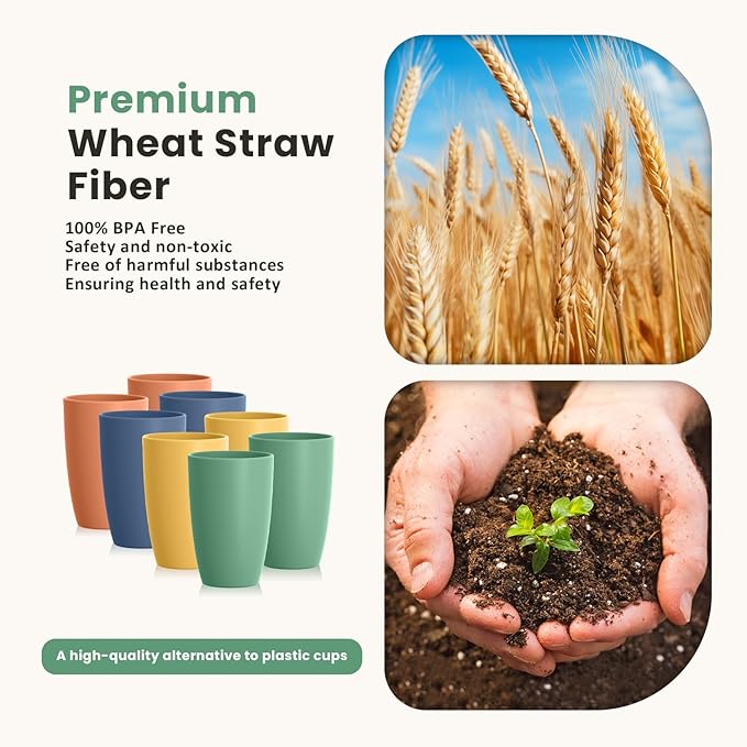 Homienly Plastic Cups Alternative, Unbreakable 20 OZ Wheat Straw Cups-Set of 8, Reusable Lightweight Drinking Glasses for Water, Juice, Dishwasher Safe Cups Sets for Kitchen, Outdoor, RV(Multi)