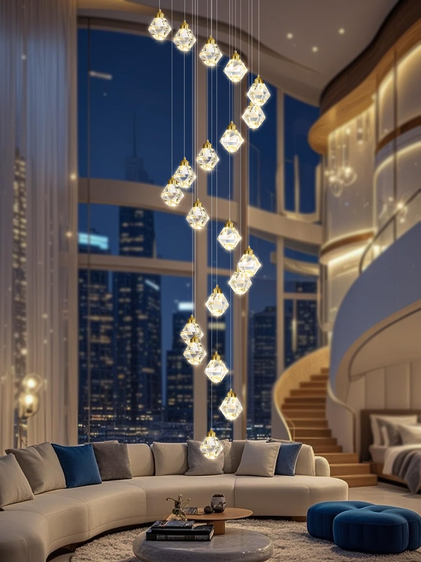 Shial Lighting 20-Light Modern Chandelier for Foyer Crystal Chandeliers for Living Room Gold Pendant Light Fixture Staircase Chandelier for High Ceilings Dimmable LED Hanging Light with Remote