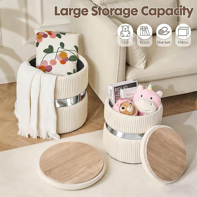 Round Storage Ottoman Set of 2 Vanity Stool for Living Room, Space-Saving Coffee Table with Hidden Compartment, Sturdy Seating for Small Apartments & Bedroom, Assembly Free White