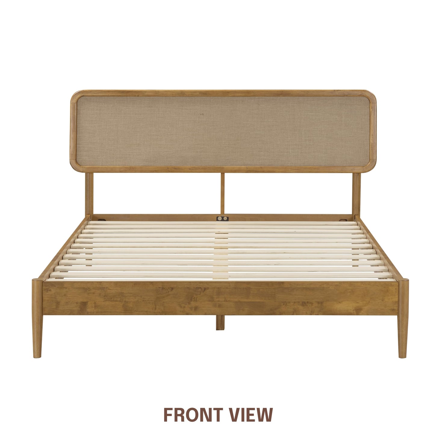 NTC Lupin Wooden Bed Frame with Headboard, Solid Oak and Rubber Wood Foundation with Silent Slats and Wood Central Supports, 1000 Lb Capacity, Queen - Teak Look