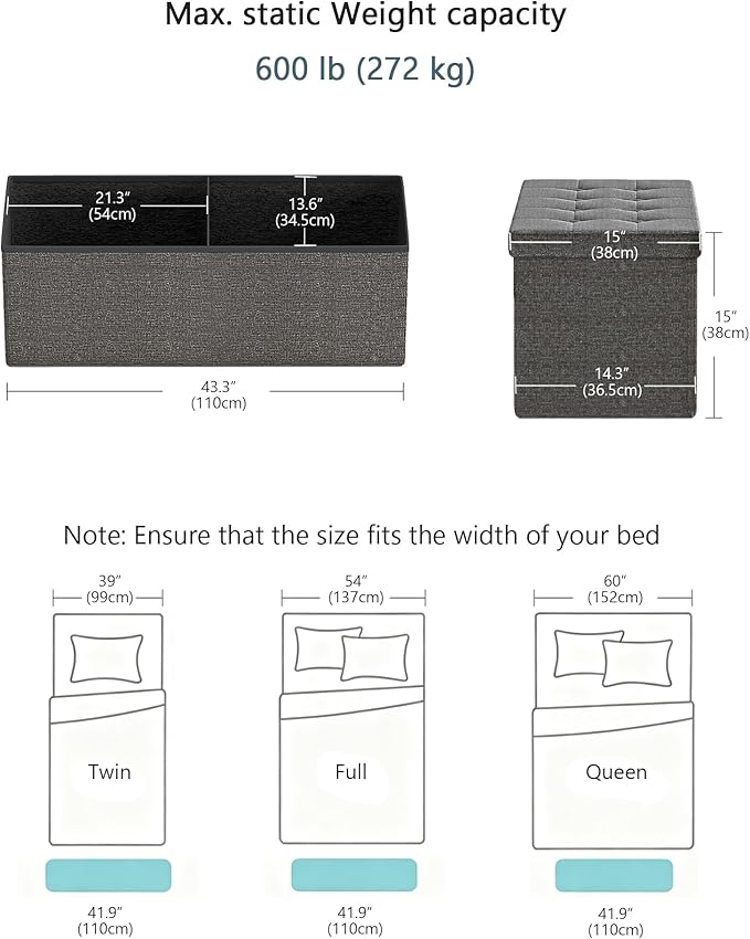 GLAXYFUR 43.3 inches Folding Storage Ottoman Bench Storage Chest Footrest for Bedroom, Entryway and Living Room, Holds up to 660 lb Dark Grey