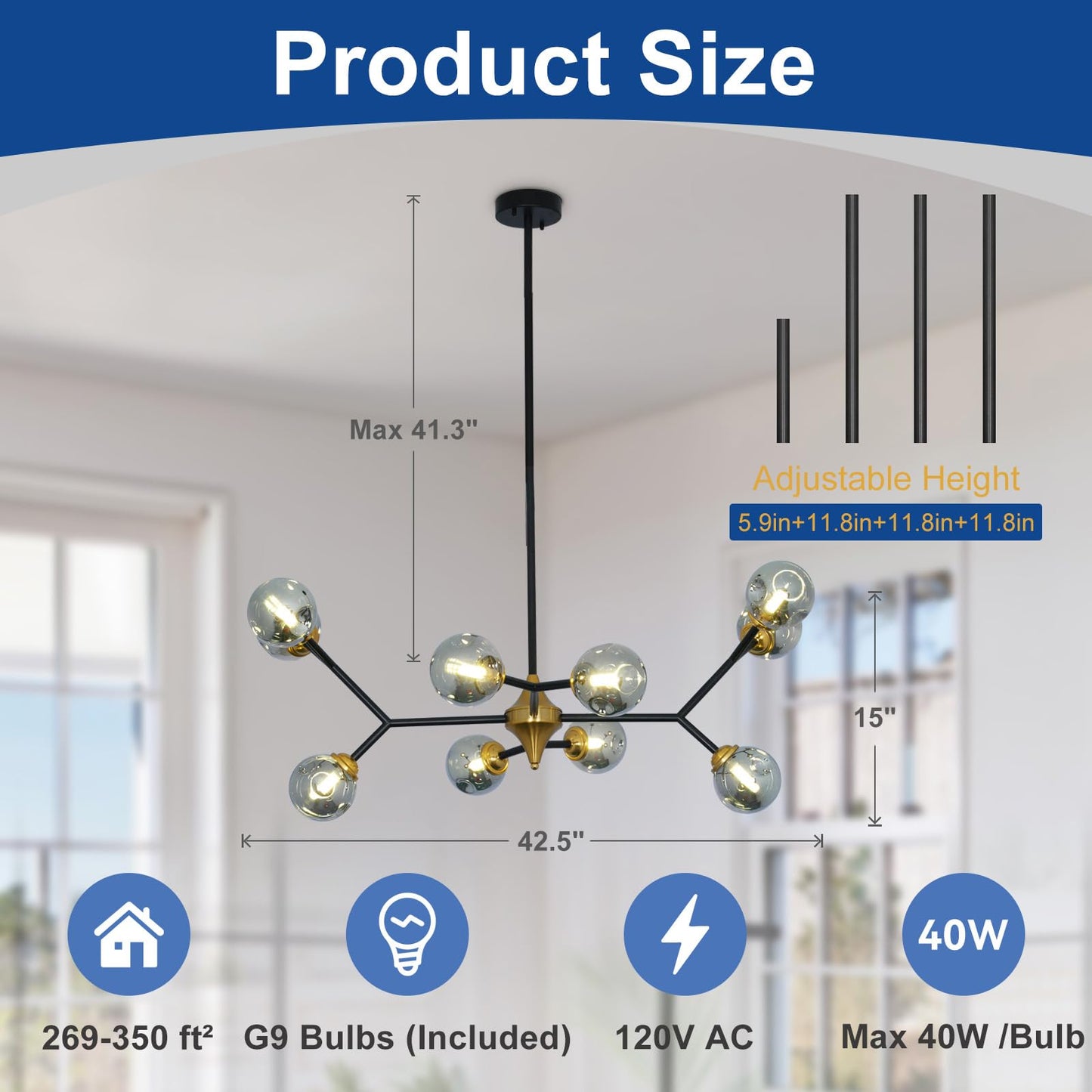 Depuley Glass Globe Sputnik Chandelier: 10-Light Modern Matte Black and Gold Ceiling Light Fixture - Vintage Hanging Chandeliers for Living Room Kitchen Dining Room Bedroom (Included G9 Bulbs)