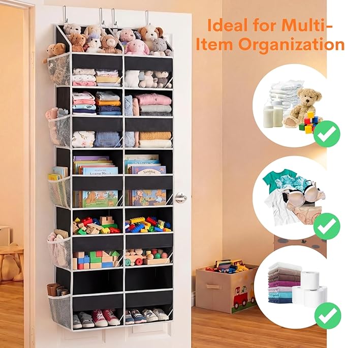 Over the Door Organizer 5 Tiers, Extra Large Behind Door Storage of 10 Compartments, 80 lbs Weight Capacity Hanging Storage Organizer with Clear Window Kids Toys, Shoes, Diapers, Room storage