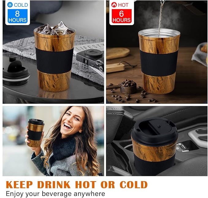CS COSDDI 12 oz Stainless Steel Vacuum Insulated Tumbler - Coffee Travel Mug Spill Proof with Lid - coffee Cup for Keep Hot/Ice Coffee,Tea and Beer (D-wood grain)