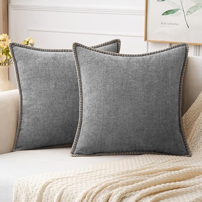 MIULEE Pack of 2 Couch Throw Pillow Covers 18x18 Inch Dark Gray Farmhouse Decorative Pillow Covers with Stitched Edge Soft Chenille Solid Dyed Pillow Covers for Sofa Bed Living Room