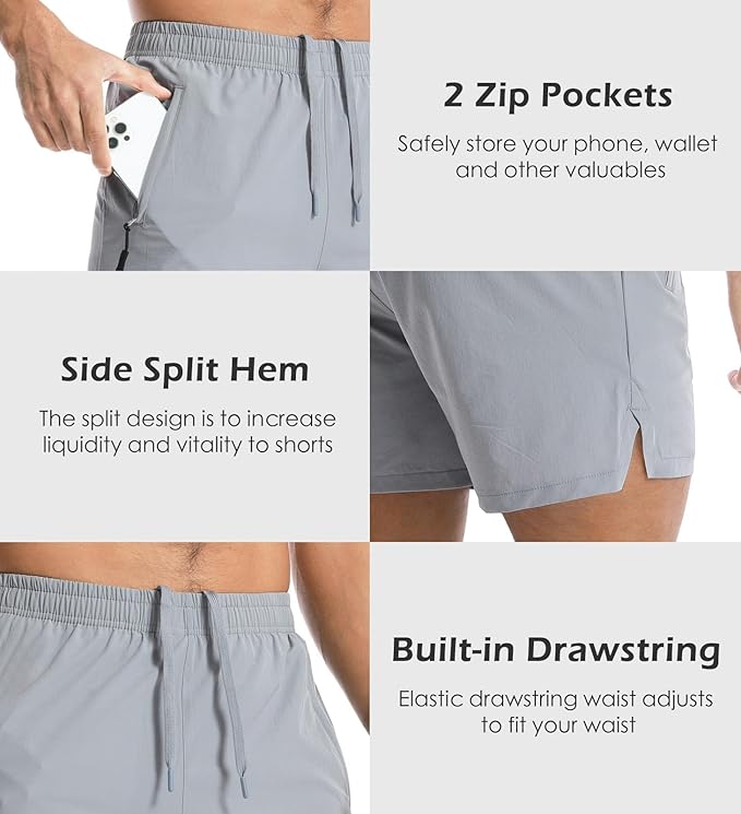 Aolesy Men's Gym Shorts Linerless & Liner - 5" Quick Dry Workout Running Shorts with Zip Pockets Sports Athletic Shorts