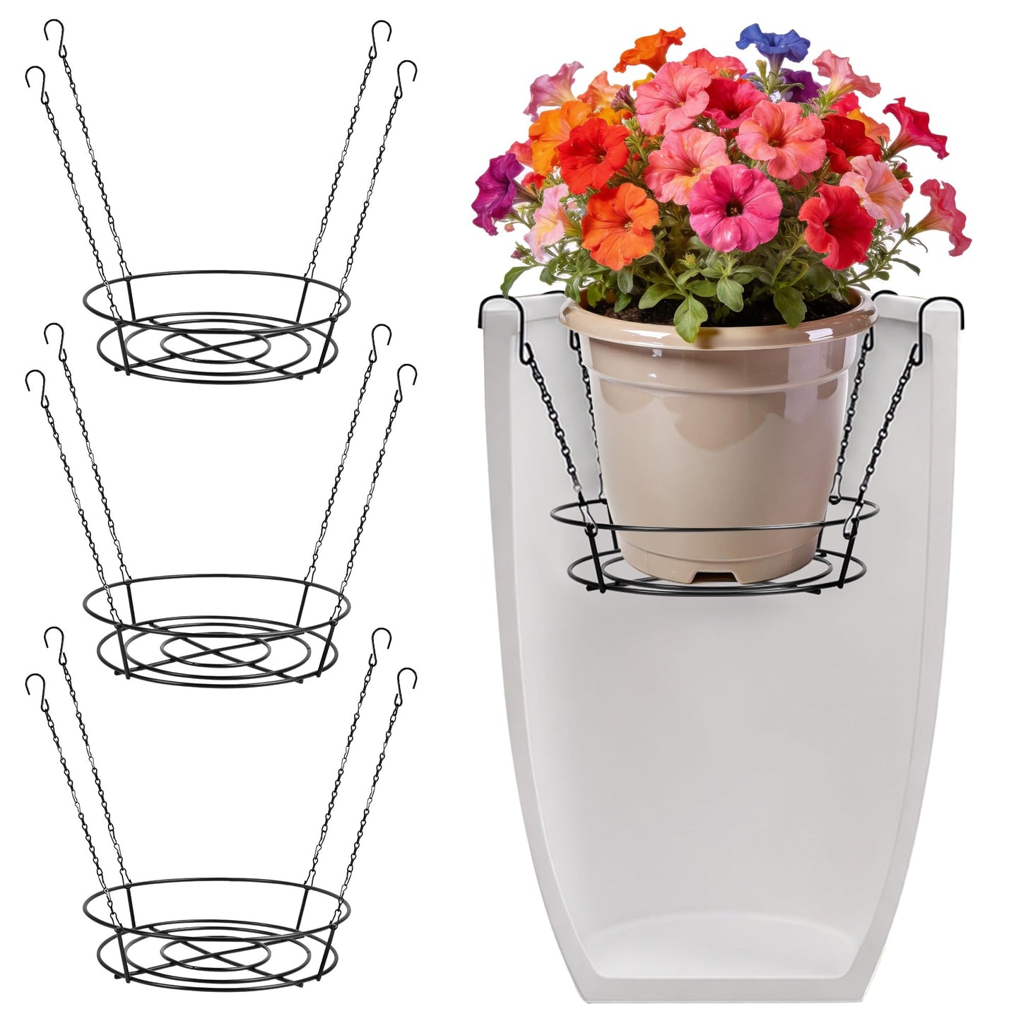 holoith 3 Pack Adjustable Planter Inserts for Pots, 12-24" Plant Risers for Inside Pots, Chain Pot Fillers for Round Planters to Reduce Soil, Black Stainless Steel Planter Insert with 4Hooks