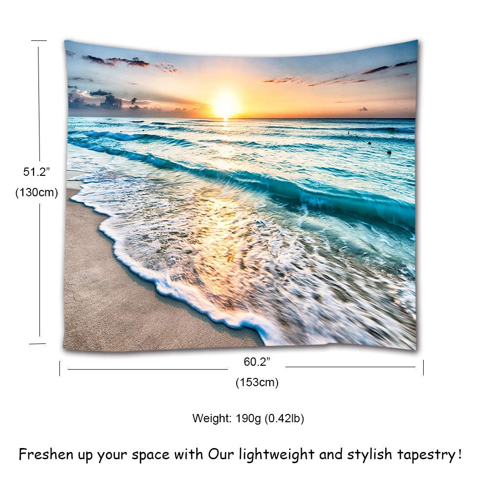 IcosaMro Beach Tapestry Wall Hanging, Ocean Sunset Sea Beach Wave Landscape Scenery Nature Wall Decorations Bohemian Home Decor for Bedroom, Dorm, College, Living Room, 51x60, Blue