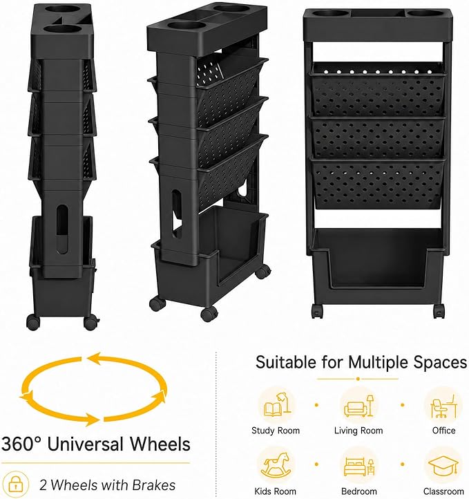 5-Tier Rolling Bookshelf, Book Storage Organization with Wheels Mobile Bookshelves Cart for Home Office Kids' Study Room School, Black