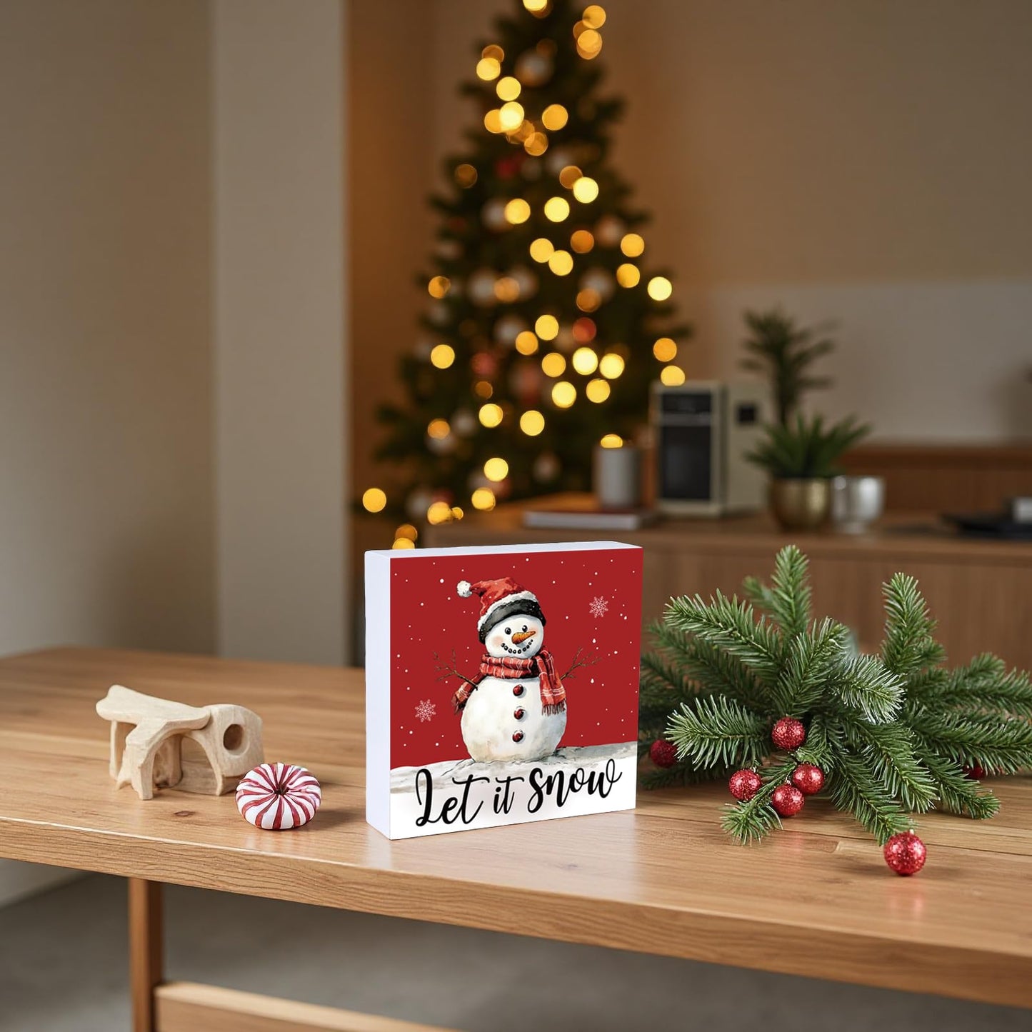 Christmas Table Decorations Christmas Decor Indoor Home Room Winter Snowman Let It Snow Office Bathroom Wood Box Sign Rustic Wooden Shelf Desk Decor Season Sign House Warming Gifts 5.9 x 5.9 Inch